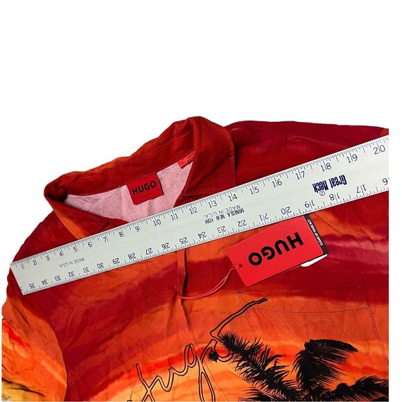 HUGO BOSS Shirt Mens XXL Red Button Up Hawaiian Palm Tree Resortwear Tropical - Picture 6 of 8